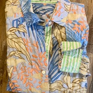 J. McLaughlin Tropical Print Button-Down Shirt in Blue & Orange Size XS